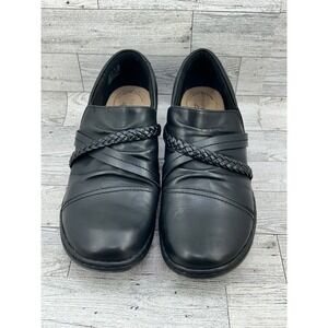 Clarks Womens Black Leather Braided Slip On Mules Shoes Size 9